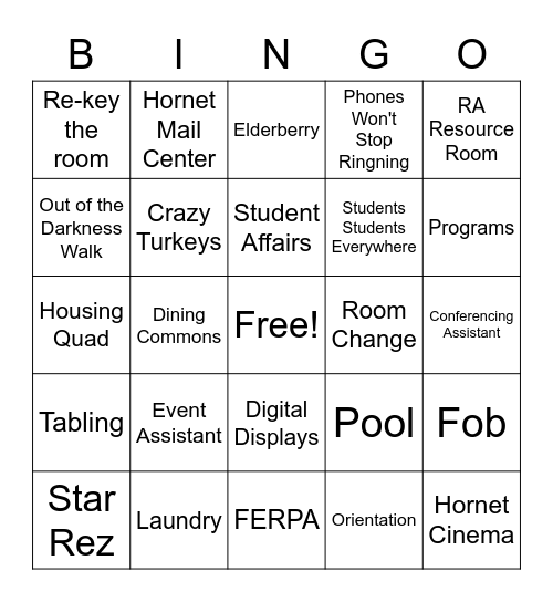 University Housing Bingo Card