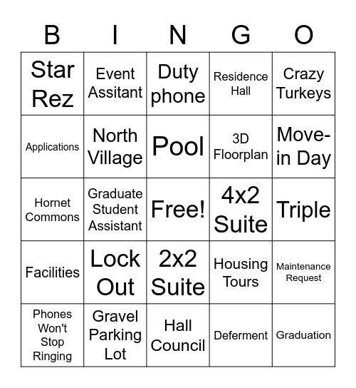 University Housing Bingo Card