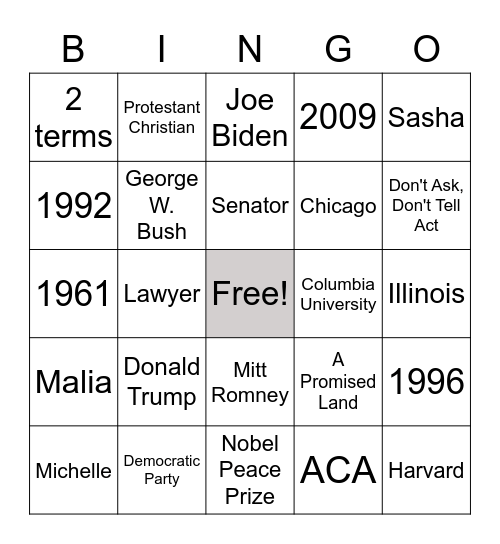Barack Obama Bingo Card