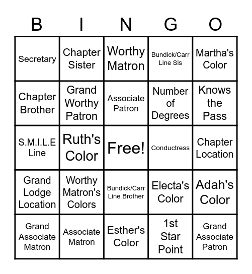 Rebecca 51/OES Bingo Card