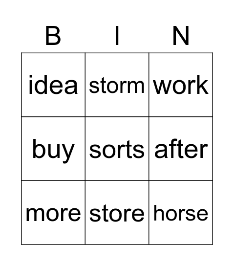 "or" words & sight words Bingo Card