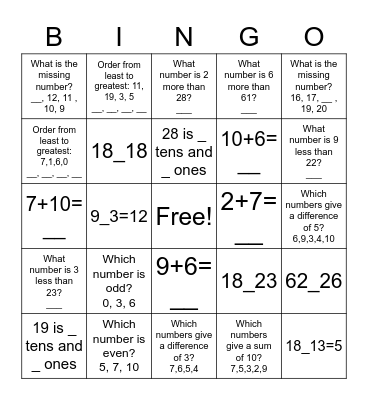 Level 1 Math Bingo Card
