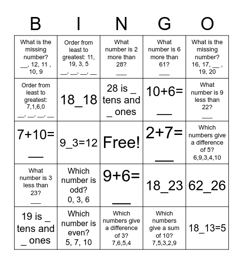 Level 1 Math Bingo Card