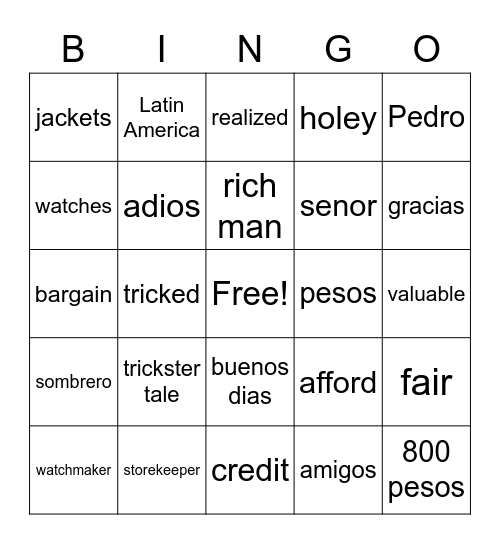 English 3D Pedro's Holey Sombrero Bingo Card