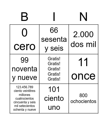 Numeros en español Bingo Card