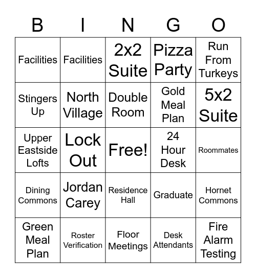 University Housing Services Bingo Card