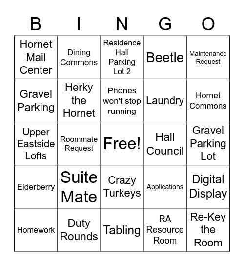 University Housing Services Bingo Card