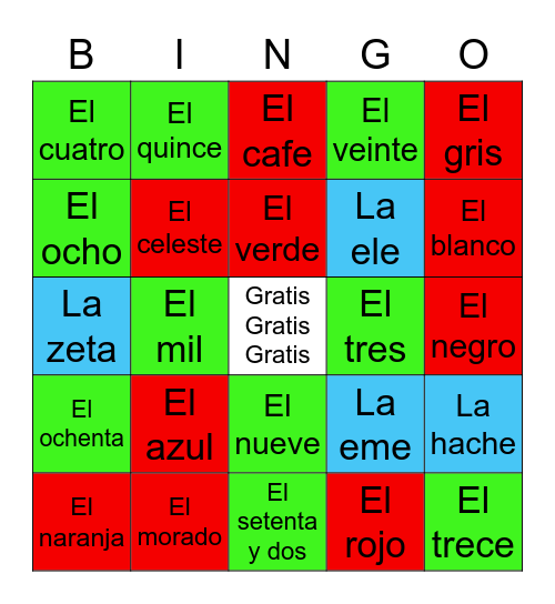 Colores, numeros y letras Bingo Card