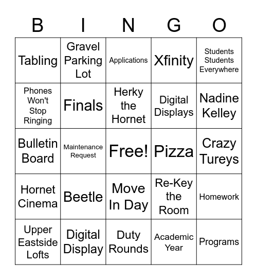 University Housing Bingo Card