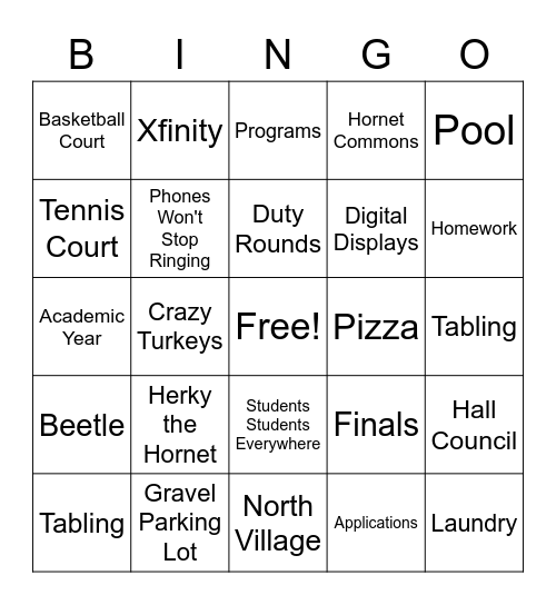 University Housing Bingo Card