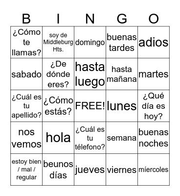 Spanish 1 Bingo Card
