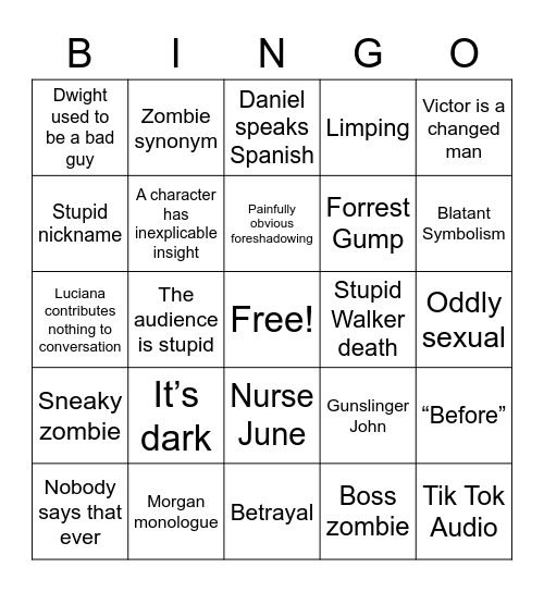 Fear the Walking Dead Bingo Card