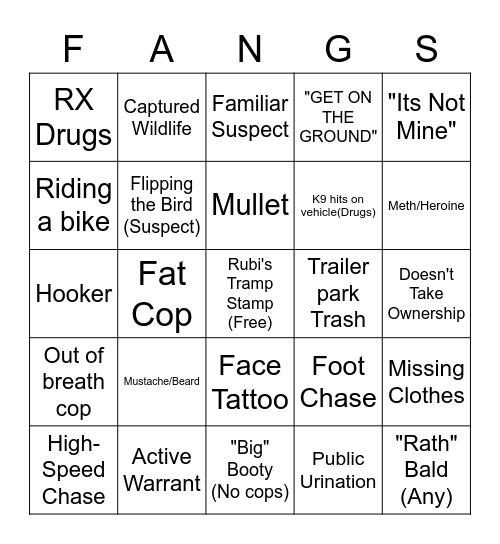 Sticky Squad "COPS" Bingo Card