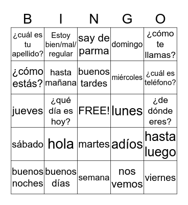 Spanish Bingo Card