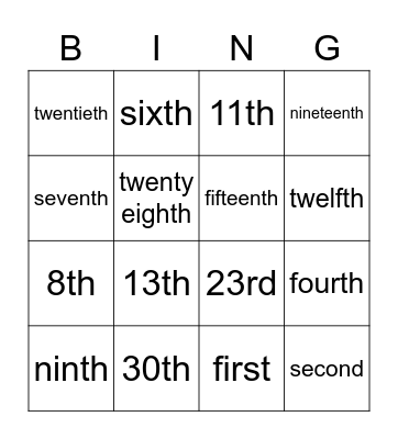 Ordinal Numbers Bingo Card