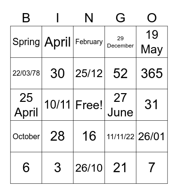 Calendars Bingo Card