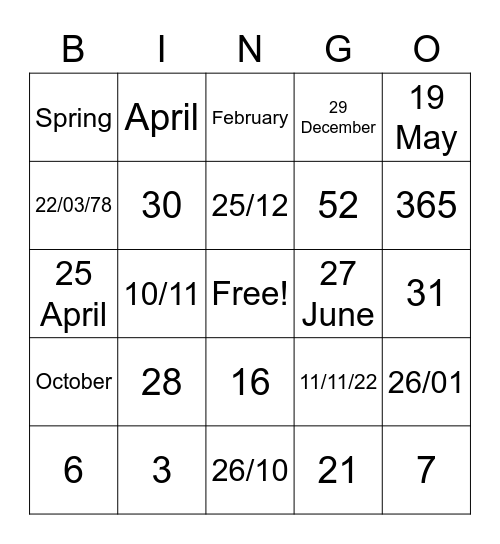 Calendars Bingo Card