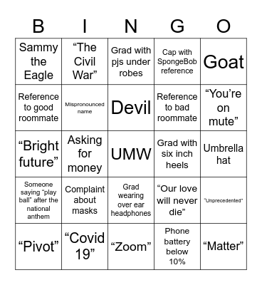 UMW Commencement 2022 Bingo Card