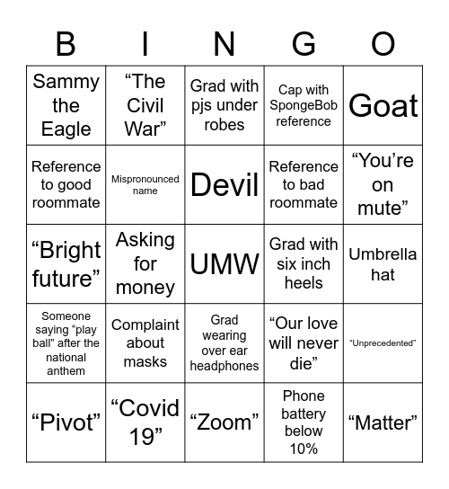 UMW Commencement 2022 Bingo Card