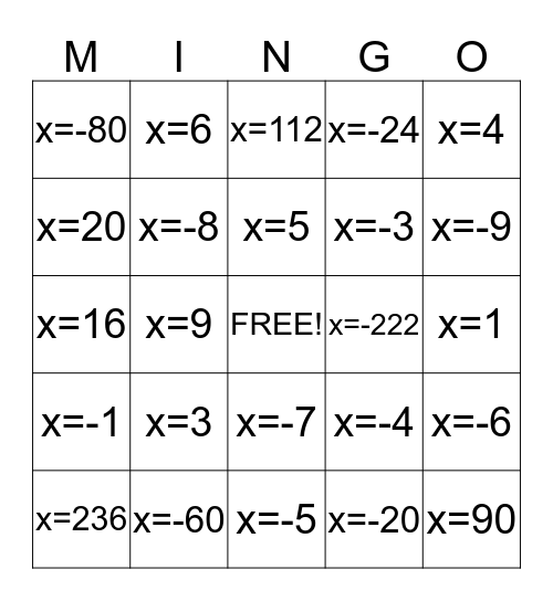Two Step Equations Bingo Card