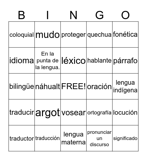 La lengua y la cultura Bingo Card