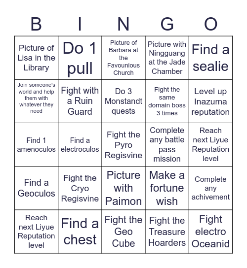 Genshin Impact Bingo Card