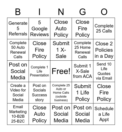 Farmers Insurance Bingo Card