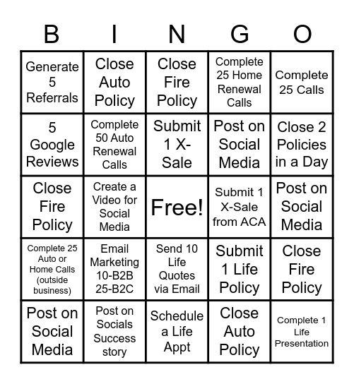 Farmers Insurance Bingo Card