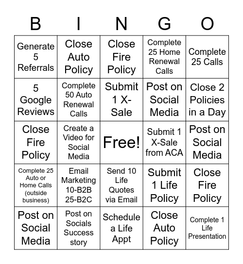 Farmers Insurance Bingo Card