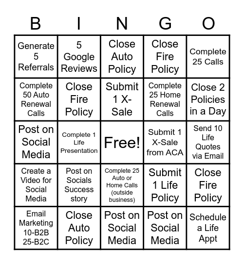 Farmers Insurance Bingo Card