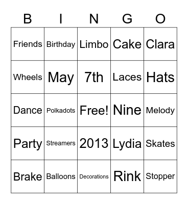 Roller Skate Party Bingo Card