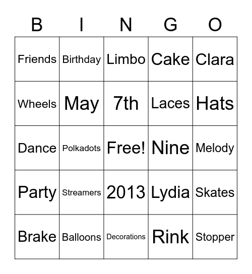 Roller Skate Party Bingo Card