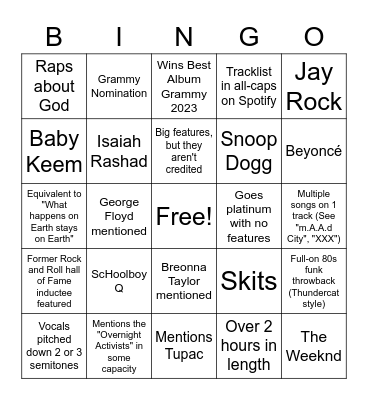 Kendrick Lamar New Album Bingo Card