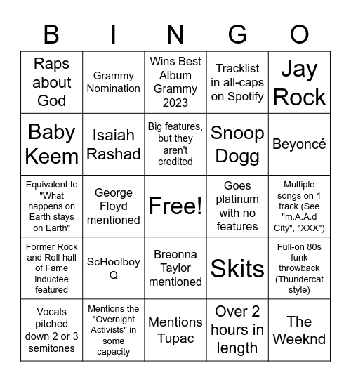 Kendrick Lamar New Album Bingo Card