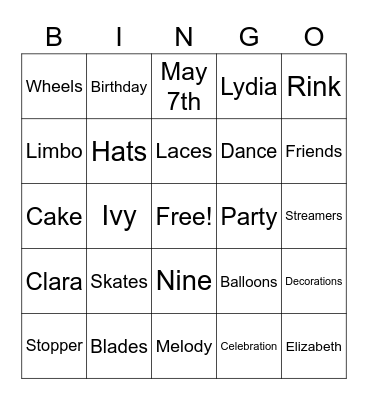 Roller Party Bingo Card
