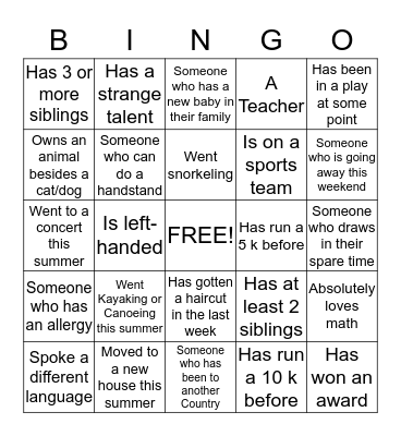 6th Grade/3rd Grade Bingo Card