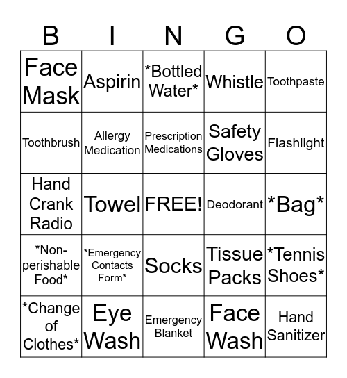 Safety Bingo Card