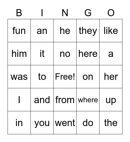 Sight Word Bingo Card