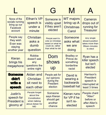 Southside Boys Eboard Election Bingo Card