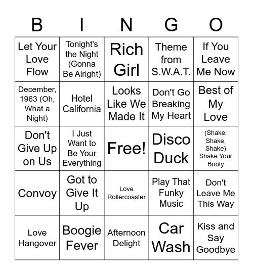 #1 Songs 1976-1977 Bingo Card