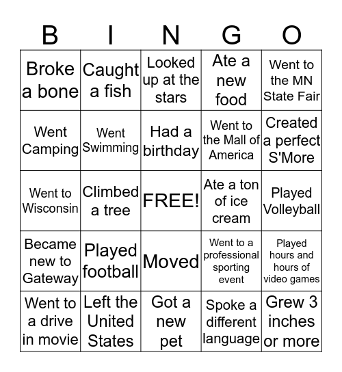 What Did You Do This Summer? Bingo Card