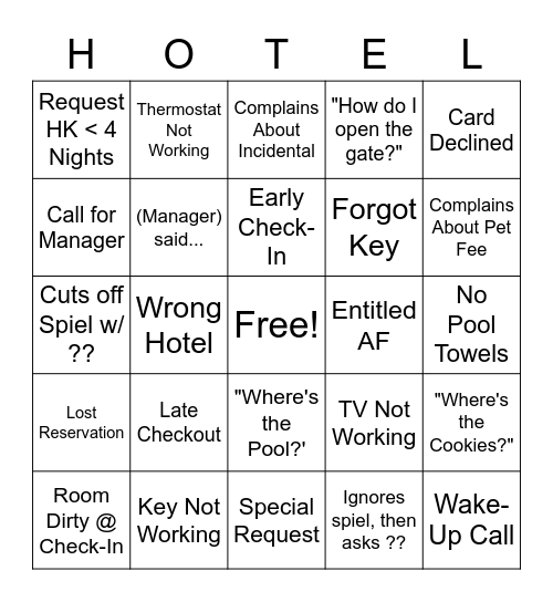 Hampton Front Desk Bingo Card