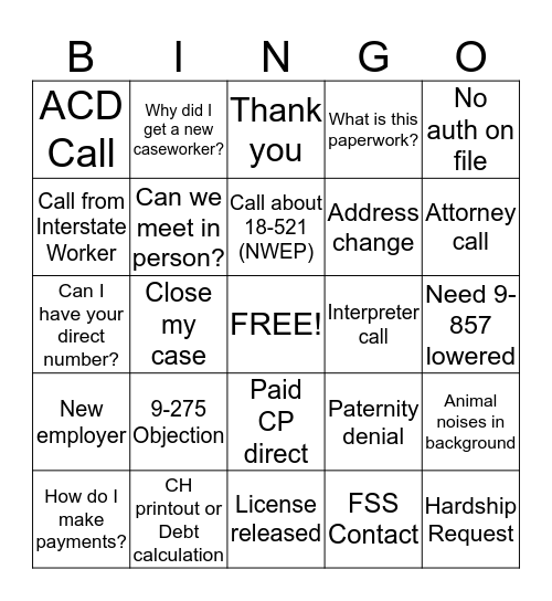 Telephone Bingo Card