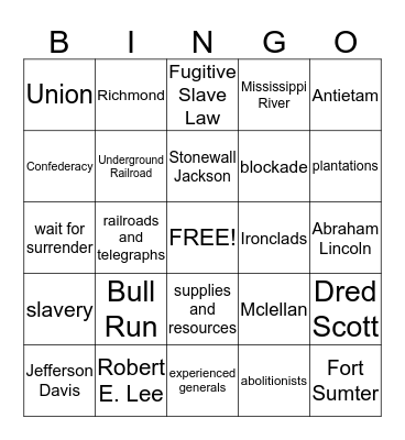 Early Civil War Review Bingo Card