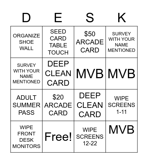 FRONT DESK Bingo Card