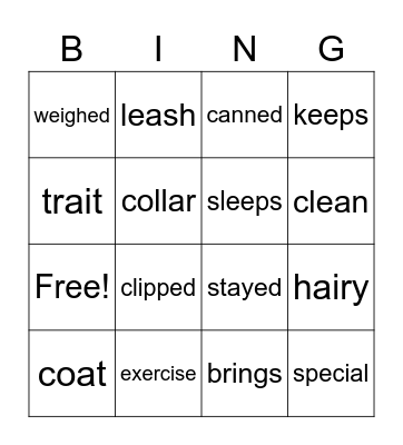 Dogs' Story Vocabulary Bingo Card