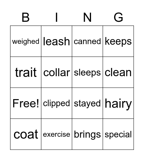 Dogs' Story Vocabulary Bingo Card