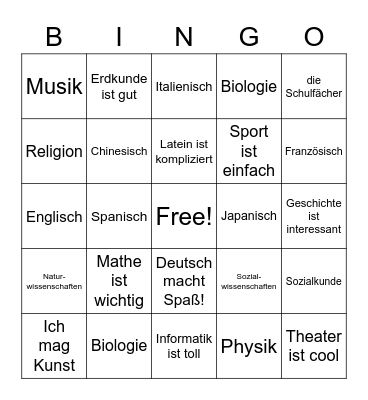 German School Subjects Bingo Card