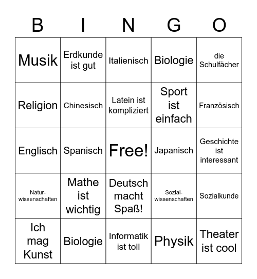 German School Subjects Bingo Card