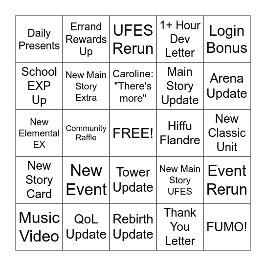 THLW 1st Anniversary Dev Letter Bingo Card